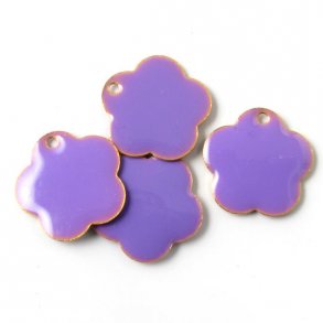 Emalje, lilla blomst,f.g, hul i kant, 16 mm, 2 stk