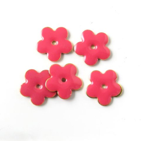 Emalje, pink blomst med forgyldt kant, hul i midt, 12 mm, 4 stk