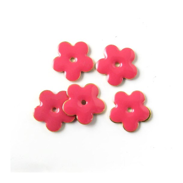 Enamel, pink flower with gilded border, hole in the middle, 12mm, 4pcs.