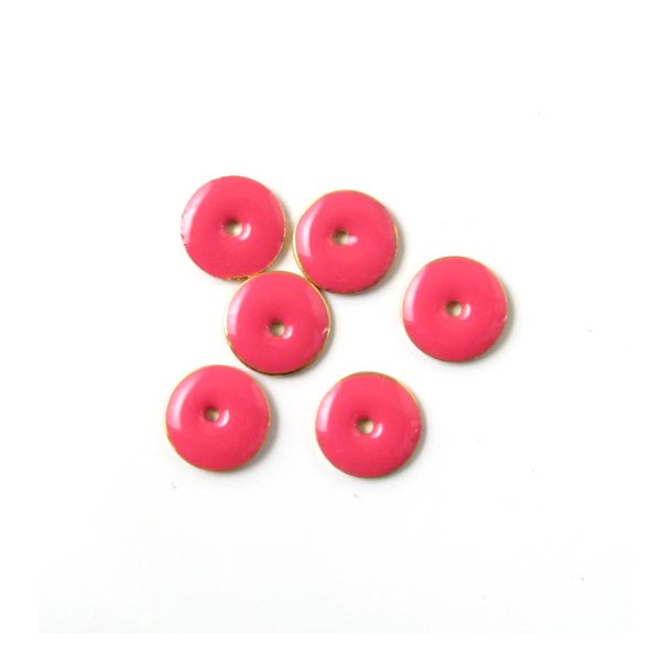 Enamel charm, pink, coin w. hole in the middle, 8mm, 6pcs.