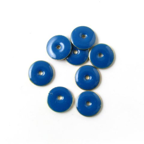 Enamel, dark blue-petroleum coin, gilded, w. hole in the middle, 8mm, 6pcs.