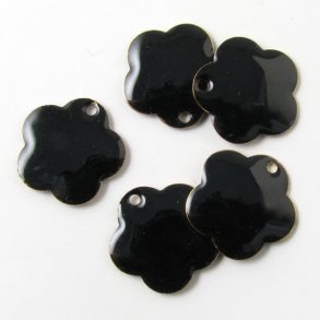 Enamel, black flower, silvered, hole at the edge, 16mm, 2pcs.