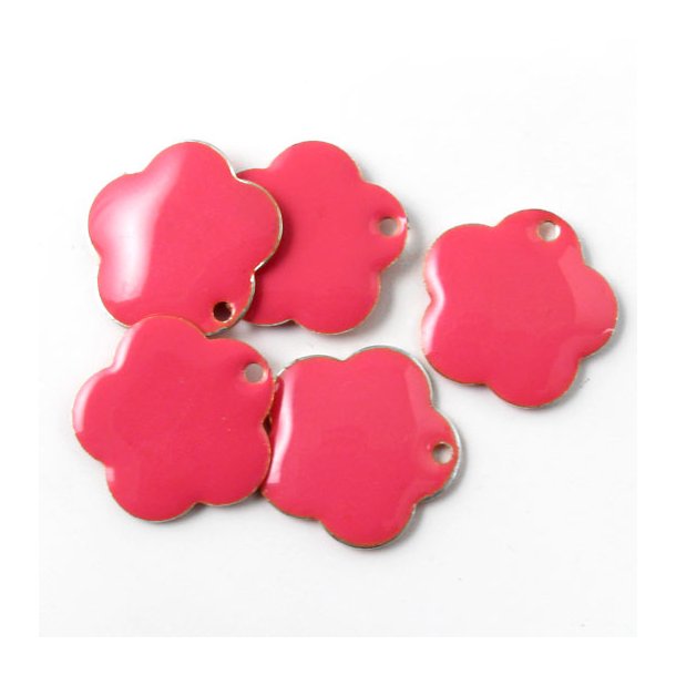 Enamel, pink flower, silvered, hole at the edge, 16mm, 2pcs.