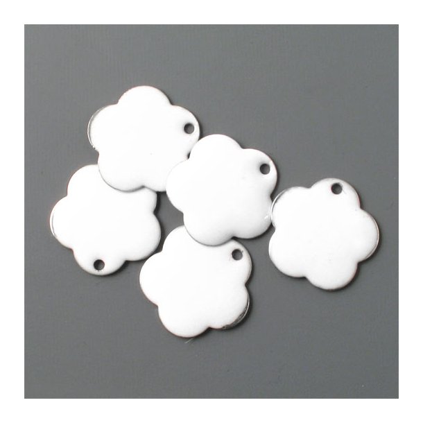 Enamel, natural white flower, silvered, hole at the edge, 16mm, 2pcs.