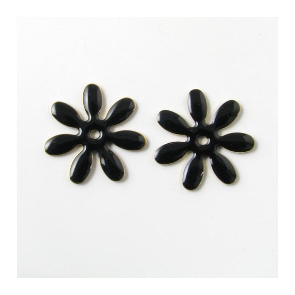 Enamel, black marguerite-shape, silvered, 18mm, 2pcs.