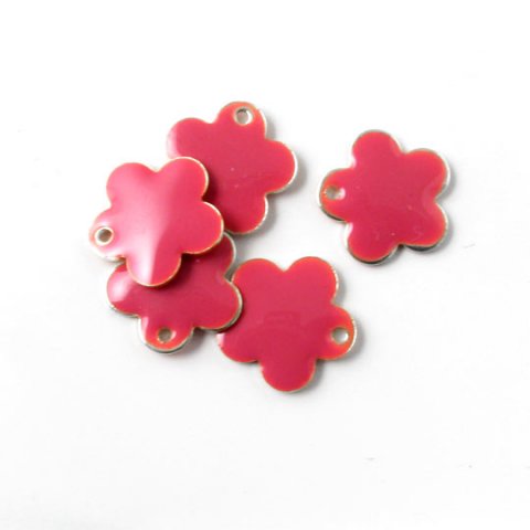Enamel, pink flower, silvered, hole at the edge, 12mm, 4pcs.