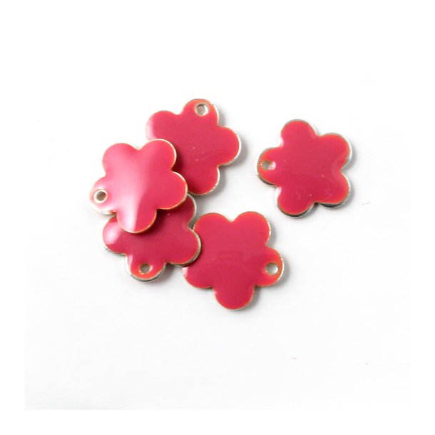 Enamel, pink flower, silvered, hole at the edge, 12mm, 4pcs.