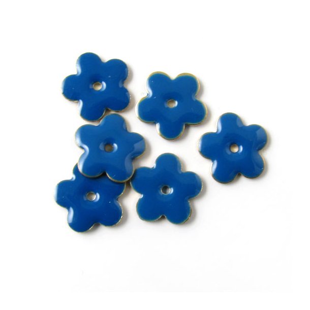 Enamel, dark blue flower, silvered, hole in the middle, 12mm, 4pcs.