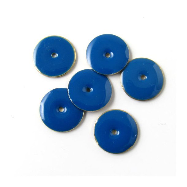 Enamel charm, dark blue coin w. hole in the middle, 12mm, 4pcs.