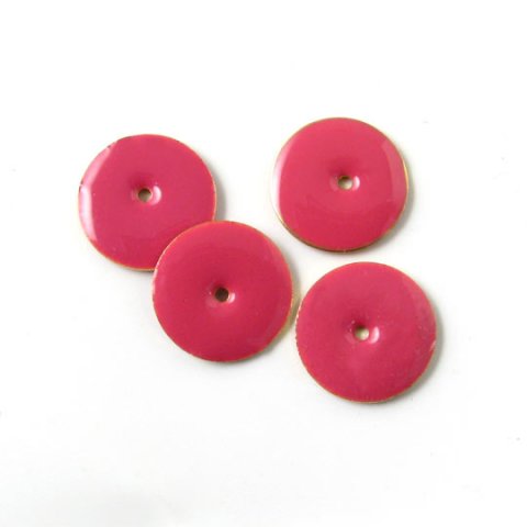 Enamel charm, pink, coin w. hole in the middle, 12mm, 4pcs.