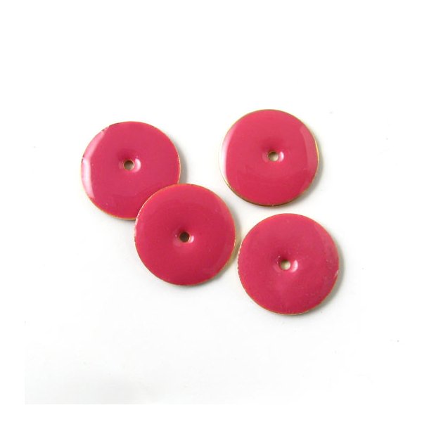 Enamel charm, pink, coin w. hole in the middle, 12mm, 4pcs.