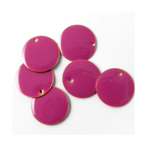 Enamel charm, red-violet coin w. hole at the edge, 14mm, 4pcs.