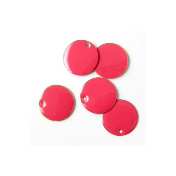 Enamel, pink, coin, gilded w. hole at the edge, 14mm, 4pcs.