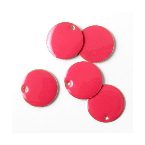 Enamel charm, pink, coin w. hole at the edge, 14mm, 4pcs.