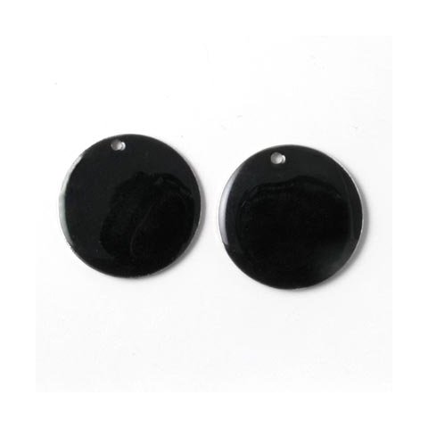 Emaille-Anhänger, schwarz/silber. rund mit Loch an der Kante, 18 mm, 2 Stk