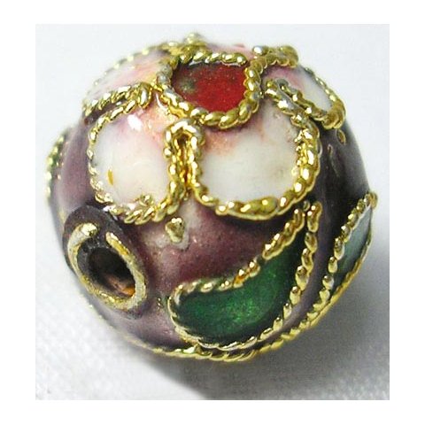 Cloisonne perle, emaljeret perle med mønster, mørklilla, rund 10 mm,2 stk.