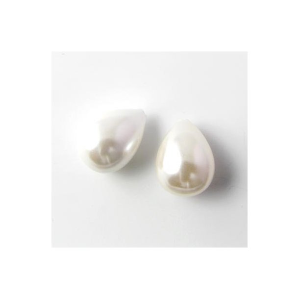 Shell pearl teardrop, white, 16x13mm, half-drilled, 2pcs