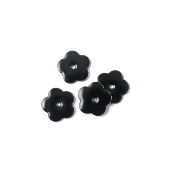 Enamel, black flower, silvered, hole in the middle, 14mm, 4pcs.