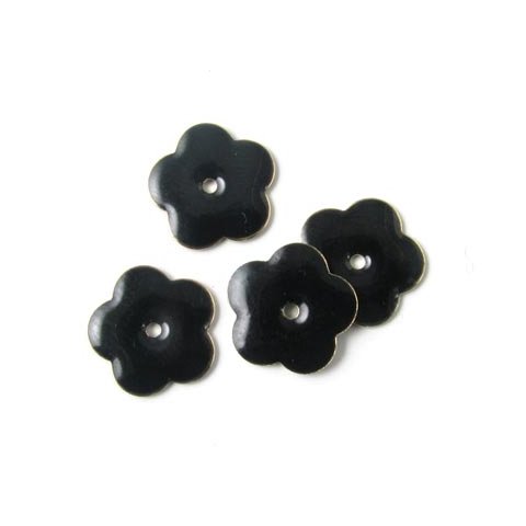 Enamel, black flower, hole in the middle, gilded, 14mm, 4pcs.