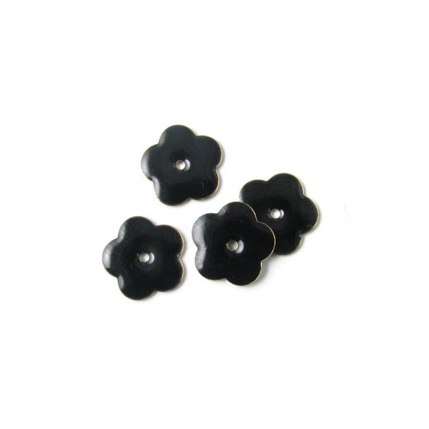 Enamel, black flower, hole in the middle, gilded, 14mm, 4pcs.