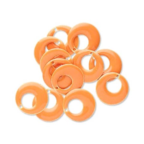 Enamel charm, orange, round w. hole, 17mm, 2pcs.