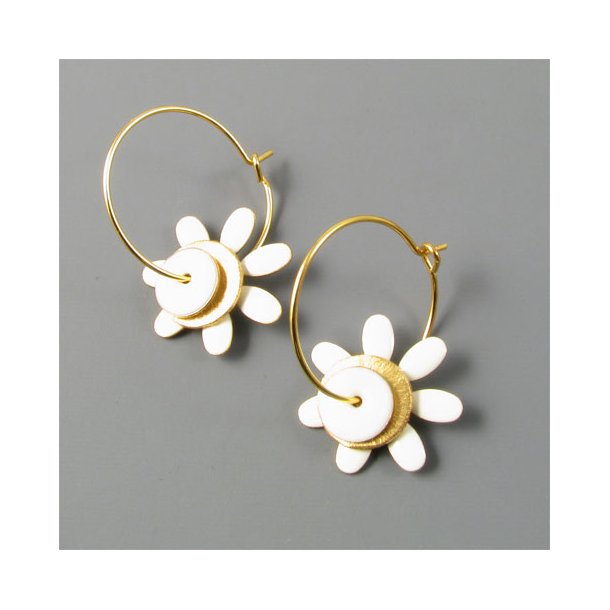 Hoop earrings, gilded, with enamel daisy and coins.