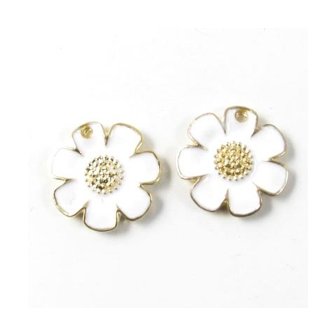 Enamel flower pendant, yarrow, gilded/white, 14mm, 2pcs.