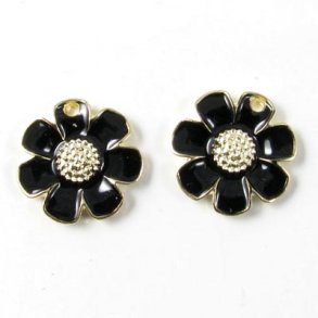 Enamel flower, pendant, yarrow, gilded/black, 14mm, 2pcs.