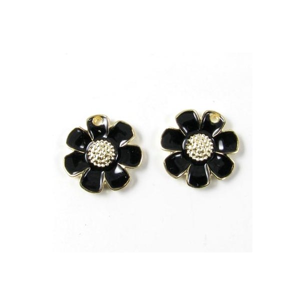 Enamel flower, pendant, yarrow, gilded/black, 14mm, 2pcs.