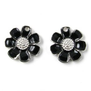 Enamel flower, yarrow, silver/black, 14mm, 2pcs.