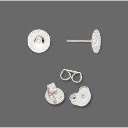 Earstuds with flat pad, silver color steel, pad diameter 6mm, 6pcs