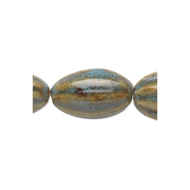 keramik perle, stor bl&aring;-brun, 28x18 mm, 2 stk