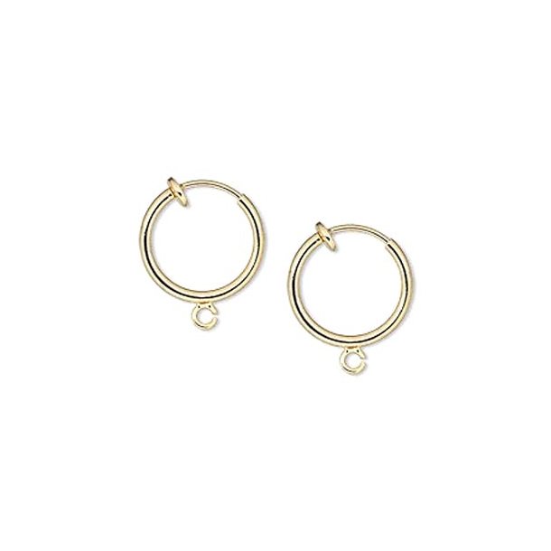 Ear clips / hoops with open loop, gold-plated brass, 13mm, 2pcs