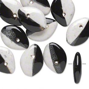 Porcelain beads, black/white, flat, oval, 25mm, 2pcs.