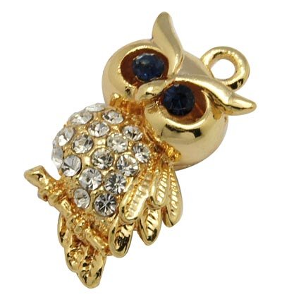 Owl, golden w. crystals and eye, 24x14mm.