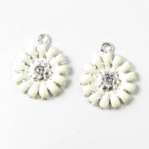 Emaillierte Margeriten, mit Kristall, versilbert, eine Öse, 14 mm, 2 Stk.