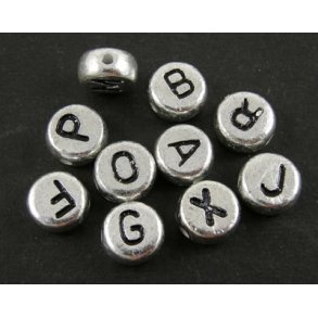 Acryl, Buchstaben-Mnzen, silber mit schwarz, 7x4 mm, 30 Stk.