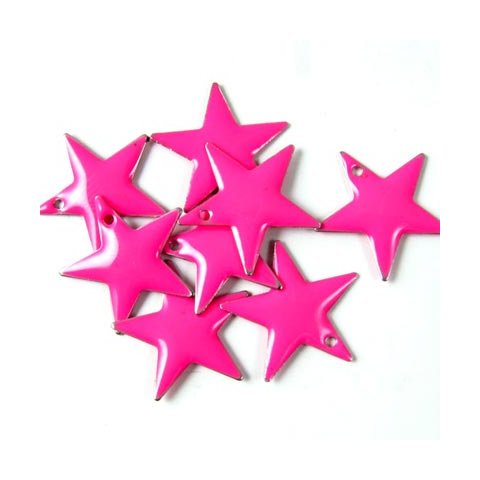 Enamel star, neon-pink, silver border, 16mm, 2pcs.