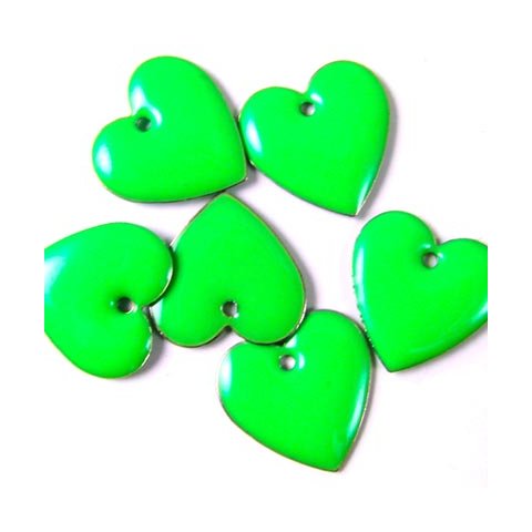 Enamel, neon-green heart, 16mm, 2pcs.