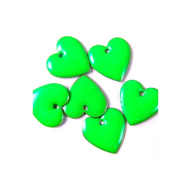 Enamel, neon-green heart, 16mm, 2pcs.