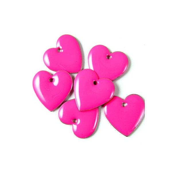 Enamel charm, neon-pink heart, 16x16mm, 2pcs.