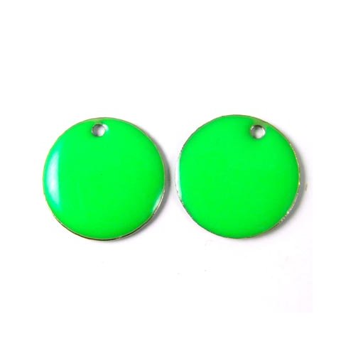 Enamel charm, neon-green coin w. hole at the edge 18mm, 2pcs.