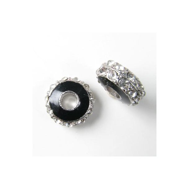 schwarze emaillierte flache Perle m. Kristall, 15 mm, 1 Stk