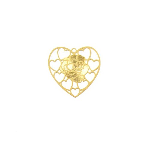 Silhuet-vedhæng, guldfarvet, hjerte med rose, lille variant, 31x33 mm, 8 stk.