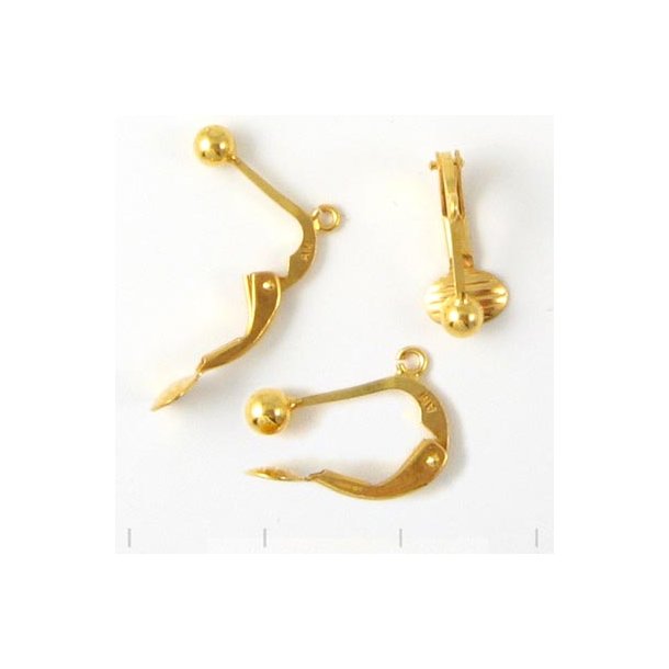 Ear clips with ball and open loop, gold-plated silver, 14x7mm, 2pcs
