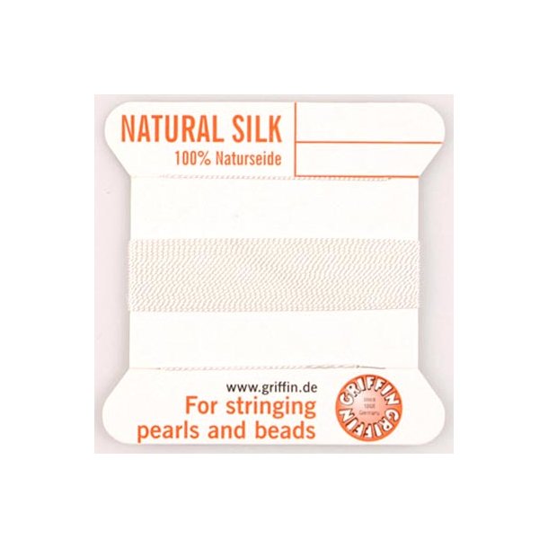 Silkesnor, perlesilketråd, hvid, til perlekæder, 0,6 mm.