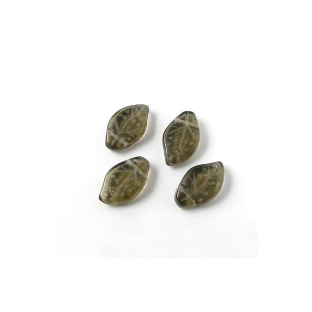 Glasperlen, Blatt, dunkelbraun, transparent, 15x9x4mm