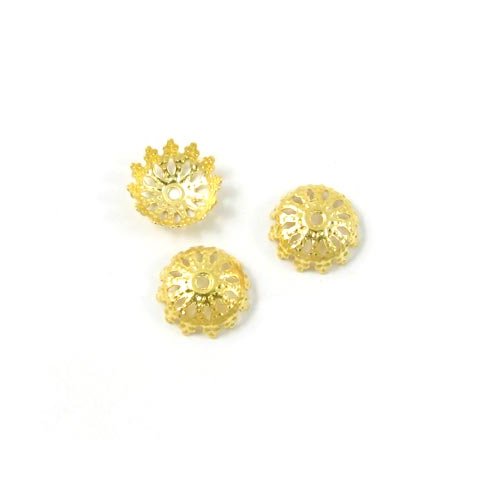 Perleskl, forgyldt messing, lille, rund filigran, diameter 9mm 10 stk