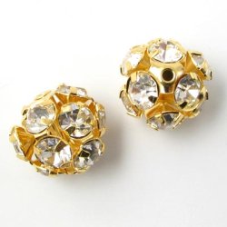 Kugel, golden, mit klaren Kristallen, 12 mm, 2 Stk.
