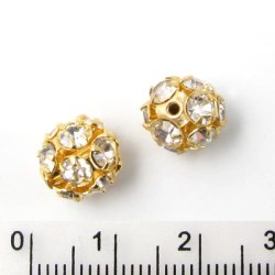 Kugel, golden, mit klaren Kristallen, 10 mm, 2 Stk.